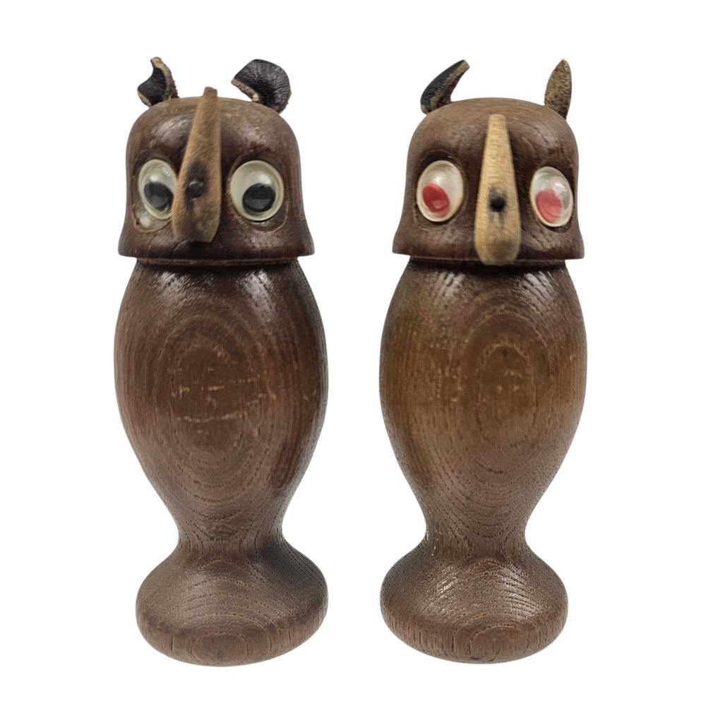 Vintage MCM Wood Owl Salt and Pepper Shakers Googly Eyes Leather Ears Japan